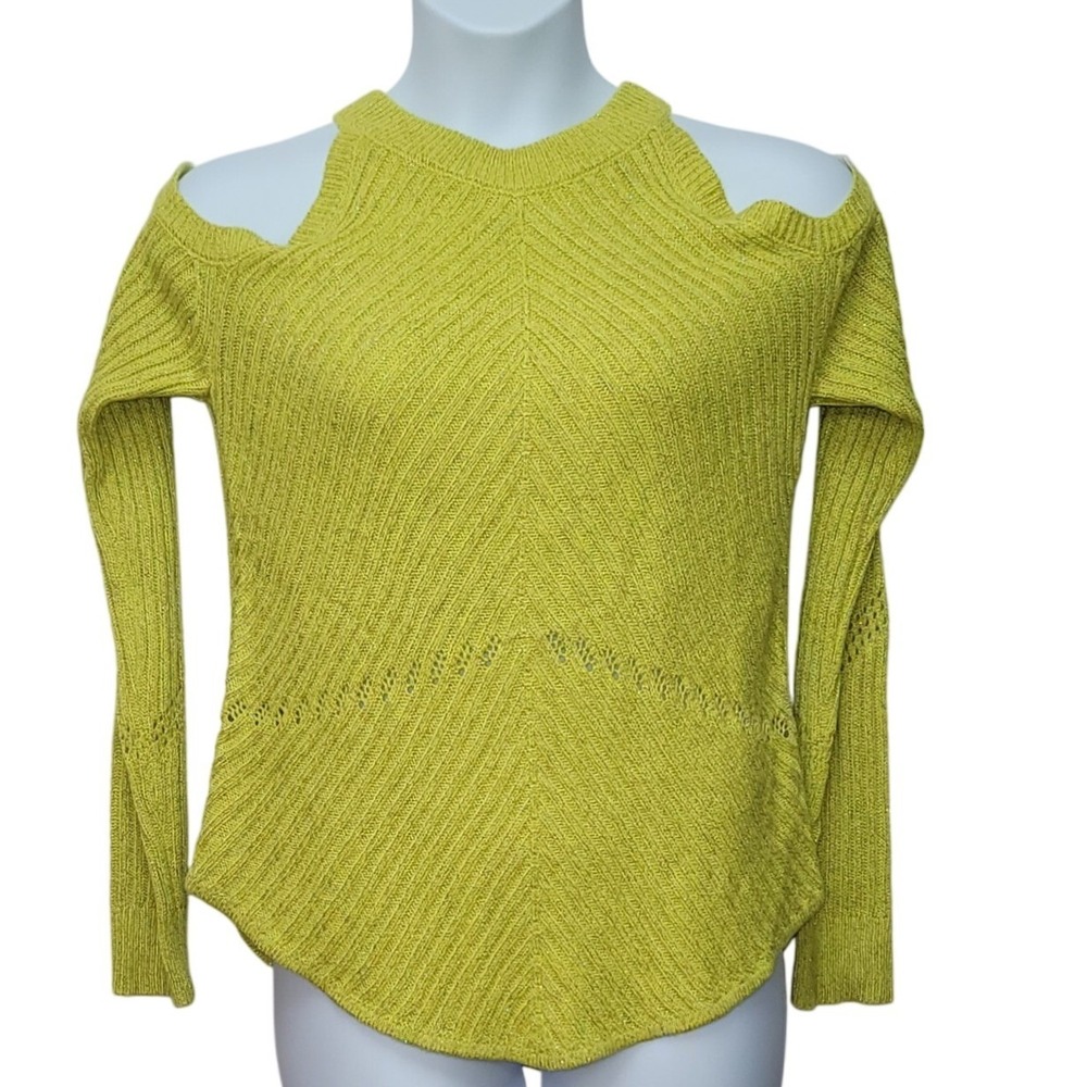 NY&Co Lime Green Cold Shoulder Metallic Knit Sweater L Boho Work Y2k Cozy Chic
